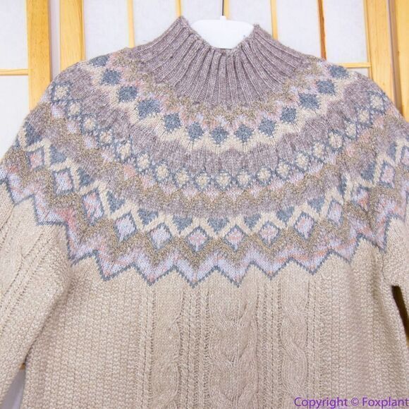 NEW Chico's Cable Yarn Wool Blend Fair Isle Tan Sweater, L - Picture 15 of 16